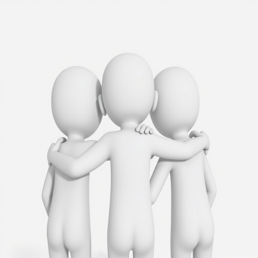 Create a 3D rendering of three cartoonish humanoid figures with smooth surfaces and a minimalist design, positioned close together with their arms around each other's shoulders, shot with a Canon EOS 5D Mark IV at f/4.0, ISO 100, 50mm lens, in soft natural lighting, with a slight depth of field to emphasize the figures against a plain white background.