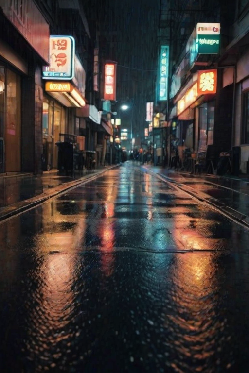 Sharp, high-resolution photo of a rain-soaked city street at night, soft reflections of neon signs glistening on the wet pavement, distant cars passing by, the sound of raindrops tapping against windows, a sense of quiet city life captured.