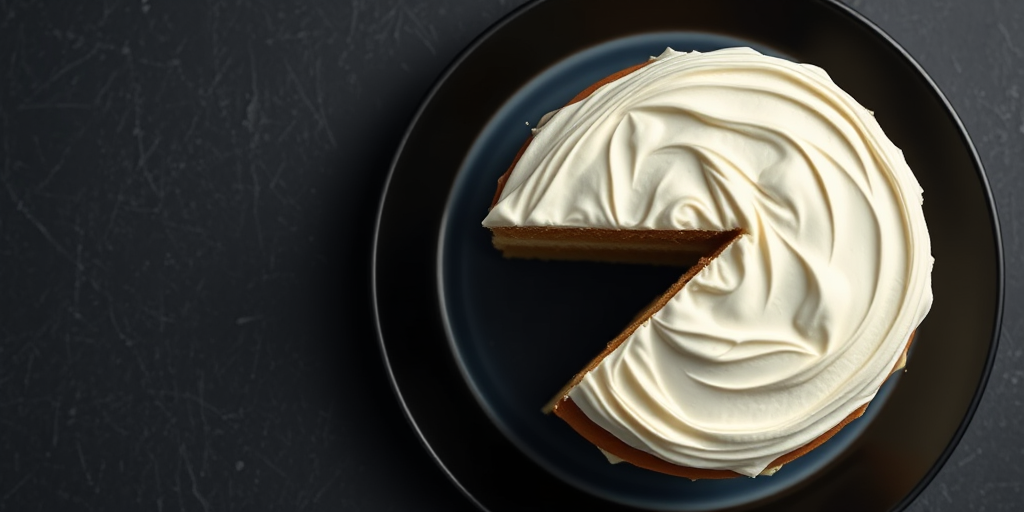 Create a detailed illustration of a layered cake with white frosting on a black plate, using a Canon EOS R5 camera, f/2.8 aperture, 50mm lens, 1/200s shutter speed, in a top-down view with bright, diffuse lighting to enhance texture and detail.
