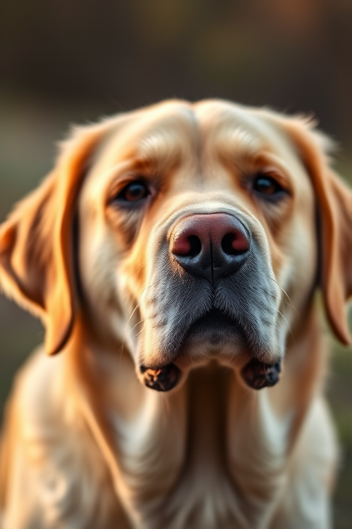 A close-up portrait of a golden Labrador retriever with soft, diffused lighting, shallow depth of field, 50mm lens, f/1.8 aperture, ISO 200, 1/200s shutter speed, captured in early morning light with a bokeh background.