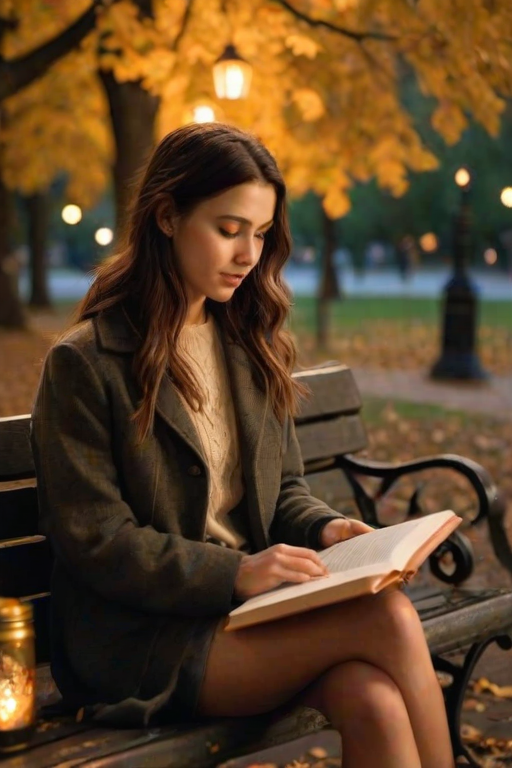 Softly focused image of a young woman sitting on a park bench at twilight, surrounded by soft golden light from nearby lanterns, with autumn leaves gently falling around her and a book open in her lap.