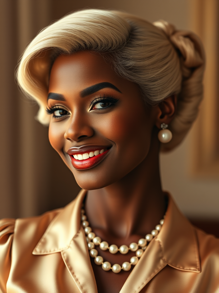 A beautiful Afro-Caribbean woman reminiscent of 1950s Hollywood glamour, with perfectly styled blonde hair and a seductive smile, dressed in a satin blouse and adorned with pearls, soft and warm tones, photorealistic, 8K