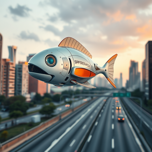 a futuristic robotic fish flying over a highway in a cityscape with skyscrapers, soft lighting, high dynamic range, captured with a DSLR camera, 50mm lens, f/2.8 aperture, ISO 100, 1/200s exposure time, vibrant colors and sharp details
