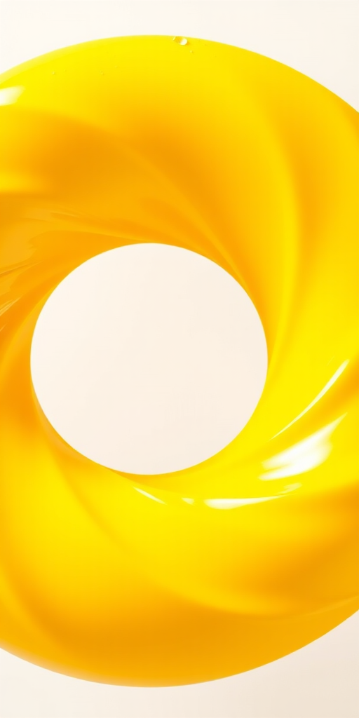Create a high-resolution image of a yellow spiral donut shape with soft gradients, using a Canon EOS 5D Mark IV with a 50mm f/1.8 lens, aperture set at f/8, ISO 100, and natural lighting for a clean and vibrant look.