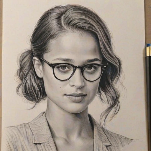 Attractive Alicia Vikander, pencil sketch, portrait of Charming woman 1929s in glasses, hair style beatnik, outline, clear lines, fine lines, 8k