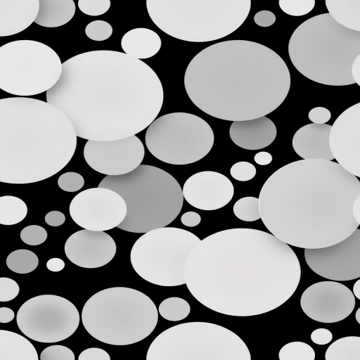 Create a seamless pattern of circular shapes in grayscale with varying shades of white and gray, set against a black background, shot with a macro lens at f/8, ISO 200, 1/125s, using a digital camera for high detail and clarity.
