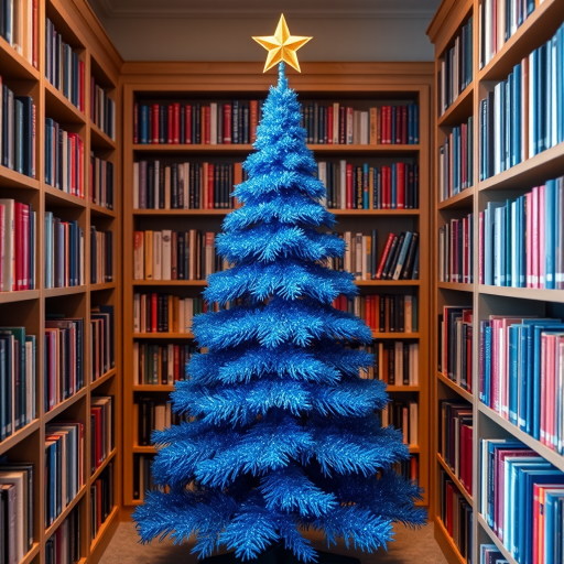 Generate an image of a blue glittery Christmas tree with a star on top, surrounded by bookshelves filled with books. The tree has a layered design, resembling a cone shape with multiple rings. The setting is cozy and festive, with a warm ambiance.