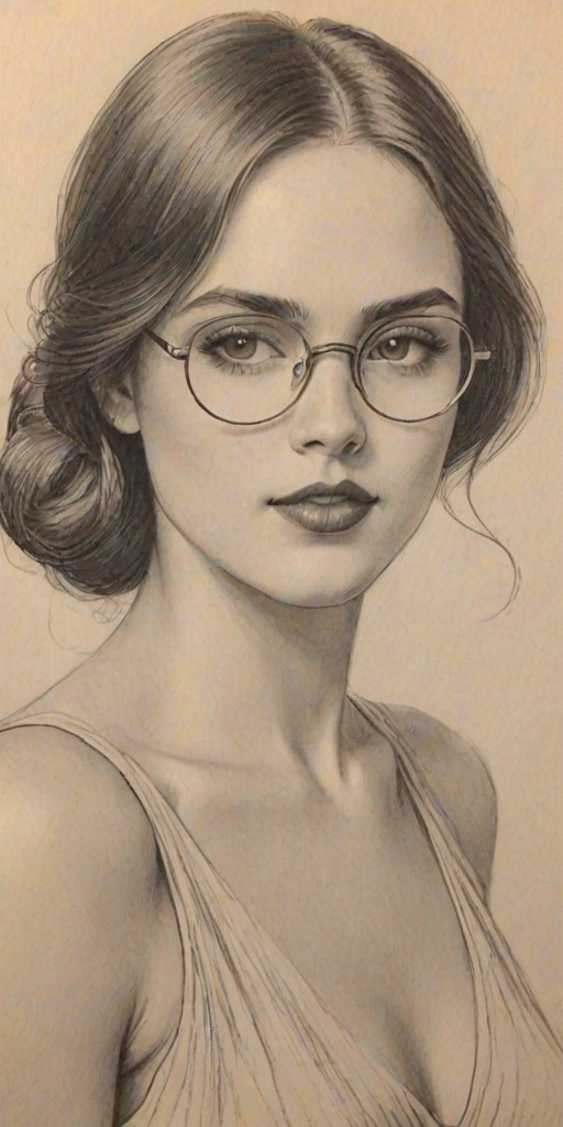 Enchanting Eiza Gonz'lez, pencil sketch, portrait of Elegant woman 1923s in glasses, hair style beatnik, outline, clear lines, fine lines, 8k