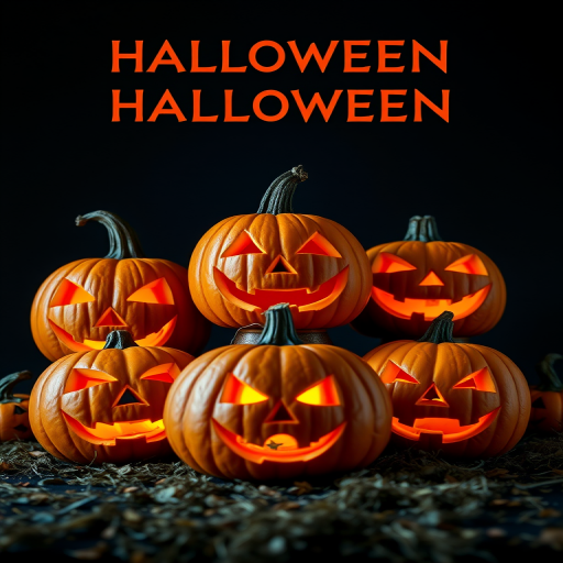 Create a Halloween-themed image featuring five carved pumpkins with different facial expressions, using a DSLR camera with a 50mm lens, aperture set to f/2.8, ISO 200, shot from a front view with vibrant colors and high contrast to enhance details.