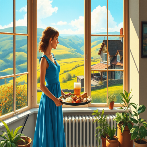 In "A Glass of Beer on the Highland," a serene scene is depicted in a sunlit room where a woman in a vibrant blue dress stands by a large window. She holds a tray with a hearty meal and a frothy glass of beer, embodying a moment of relaxation. Outside, the breathtaking highland landscape features rolling green hills and a charming traditional house, all bathed in warm afternoon light. The interior is adorned with potted plants, creating a harmonious blend of comfort and nature. The painting beautifully captures the tranquility and joy found in simple pleasures amidst stunning scenery