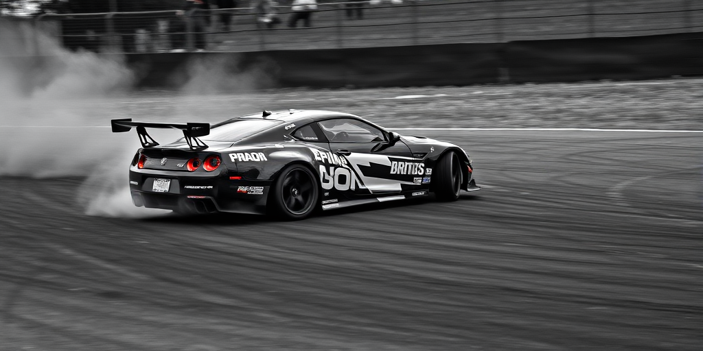 Regenerate a high-quality image of a racing car drifting on a track, captured with a DSLR camera, 50mm lens, f/2.8 aperture, ISO 200, shutter speed 1/1000s, in a dynamic angle to emphasize motion, using a monochrome filter for dramatic effect.