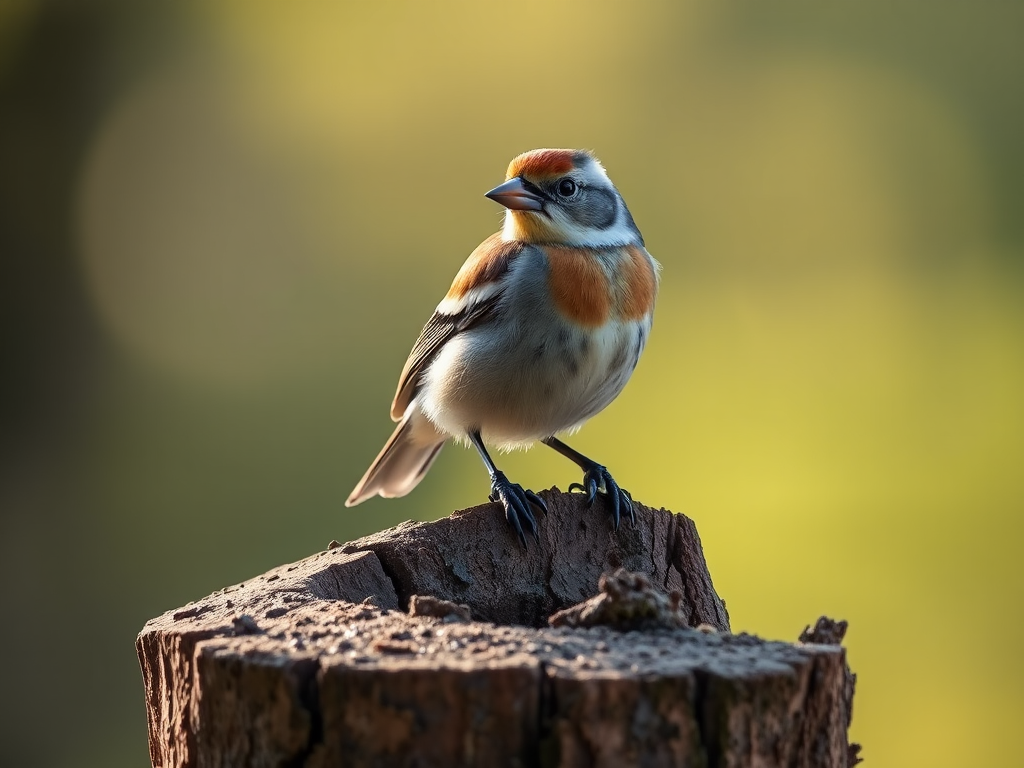 A chaffinch perched on a tree stump in soft natural light, shallow depth of field, 85mm lens, f/2.8 aperture, ISO 100, 1/200 sec, taken with a DSLR camera in landscape orientation.