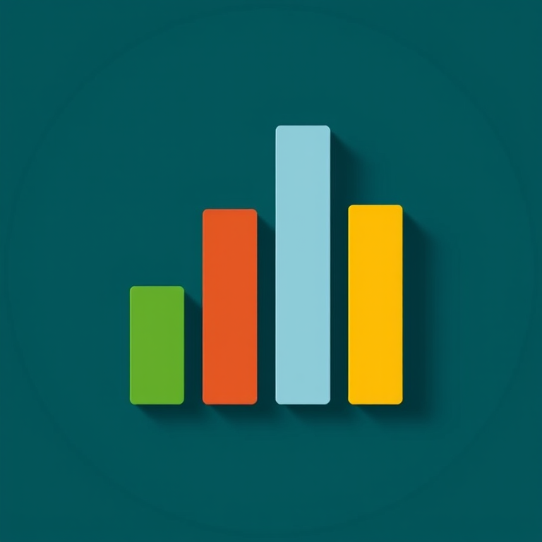 Create an image of a stylized bar graph with four bars in varying heights, colored green, light blue, brown, and yellow on a dark teal circular background, captured with a DSLR camera at f/2.8 aperture, 50mm lens, ISO 100, and a shallow depth of field for enhanced clarity.