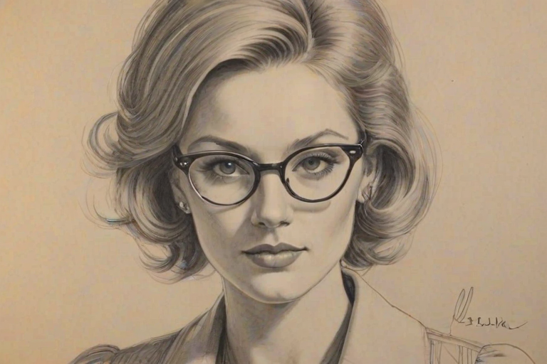 Lovely Mary Elizabeth Ellis, pencil sketch, portrait of Exquisite woman 1971s in glasses, hair style beatnik, outline, clear lines, fine lines, 8k