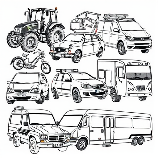 Create a detailed illustration of various vehicles including a tractor, vintage car, modern sedan, SUV, van, and bus in a black and white doodle style with high contrast and clear outlines, using a DSLR camera with a 50mm lens, f/2.8 aperture, and a shallow depth of field to enhance image clarity and focus on the vehicles.
