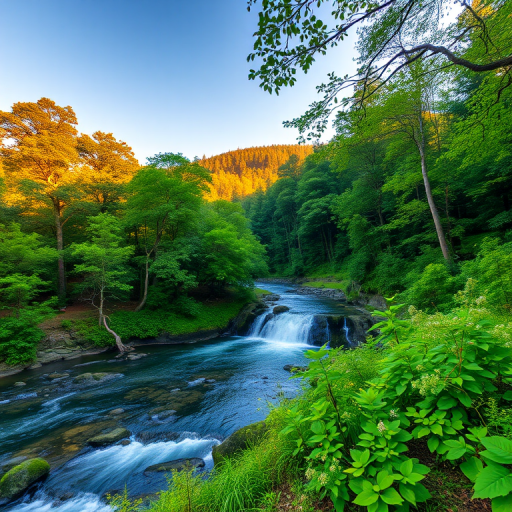 Create a high-resolution image of a serene natural landscape featuring a lush forest and a tranquil river with vibrant greens and soft lighting, captured with a Canon EOS R5, 50mm lens, f/1.8 aperture, ISO 100, at sunrise from a low angle to enhance details and colors.
