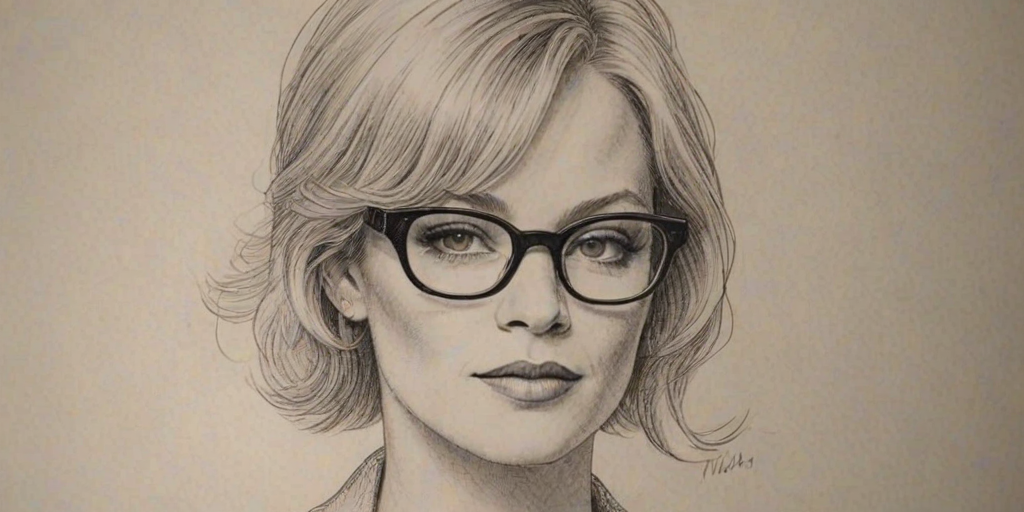 Magnificent Melanie Griffith, pencil sketch, portrait of Enchanting woman 1924s in glasses, hair style beatnik, outline, clear lines, fine lines, 8k