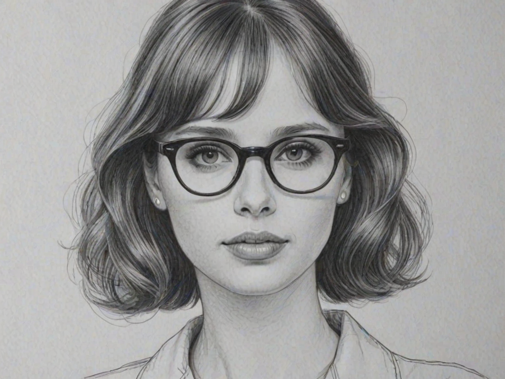 Wonderful Felicity Jones, pencil sketch, portrait of Charming woman 1956s in glasses, hair style beatnik, outline, clear lines, fine lines, 8k