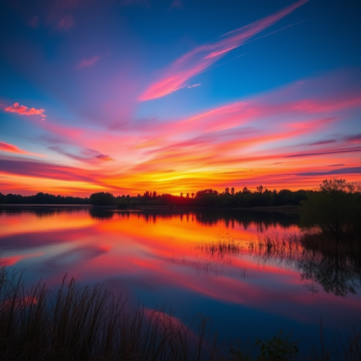 Generate a high-resolution image featuring a vibrant sunset over a serene lake with reflections on the water, using a Canon EOS R5, 24-70mm lens at f/8, ISO 100, 1/125 sec, shot in landscape mode with golden hour lighting.