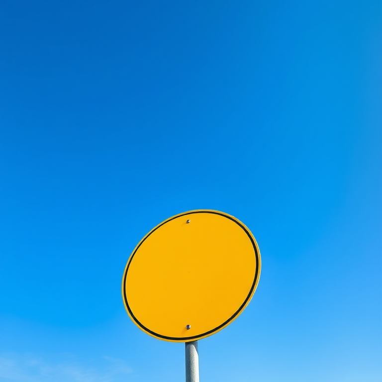 A bright yellow blank road sign against a clear blue sky, shot with a DSLR camera, ISO 100, aperture f/8, shutter speed 1/250s, wide-angle view, capturing vibrant colors and sharp details.