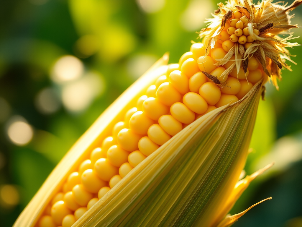 close-up of an ear of corn partially husked in warm sunlight, natural bokeh background, 50mm lens, aperture f/2.8, ISO 200, 1/250 sec, DSLR camera, macro photography style