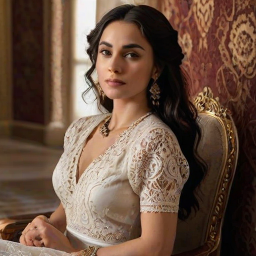 Create a portrait of a refined and elegant Afghan woman seated in a sophisticated setting. She has long, wavy hair styled in two thick braids that are pulled over her shoulders. She wears a white, lace gown with intricate patterns, featuring a deep V-neckline and short sleeves. The dress exudes a vintage charm with its delicate lacework. She is adorned with ornate, dangling earrings that add a touch of glamour to her appearance. The background is softly lit, with warm, ambient lighting that creates a cozy and inviting atmosphere. Her expression is poised and serene, capturing a sense of grace and elegance.