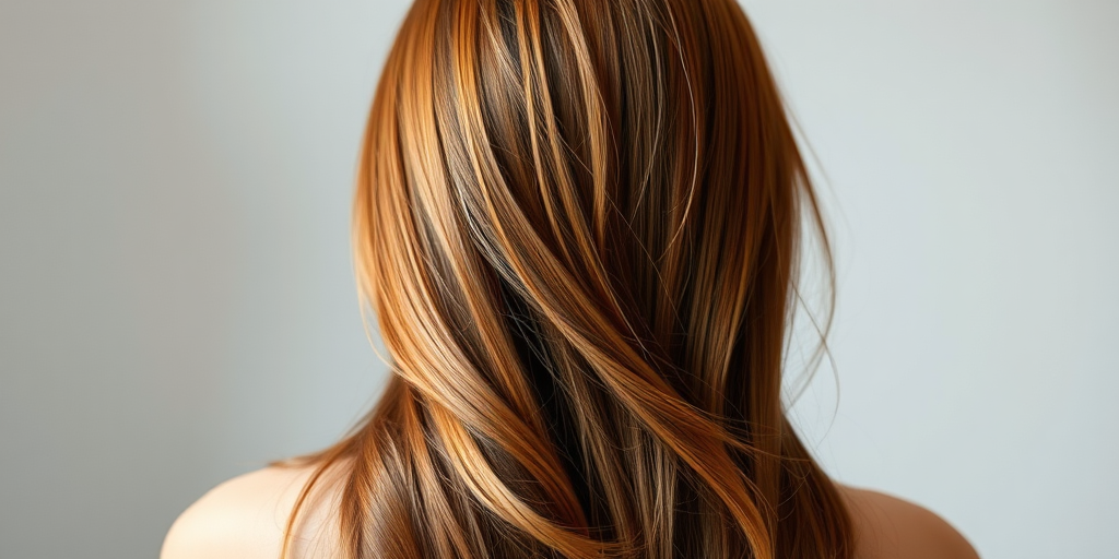 Regenerate a realistic image of long, flowing auburn hair from the back, using a 50mm lens, f/2.8 aperture, ISO 100, and natural lighting to enhance clarity and texture, shot in a studio environment for professional quality.