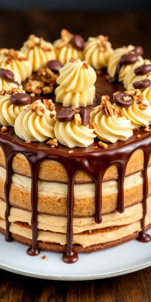 Create a delicious chocolate peanut butter cake with layers of creamy frosting topped with chocolate ganache. Decorate with swirls of buttercream frosting, chocolate candies, and crushed nuts. The cake should have a rich and indulgent appearance, with drips of chocolate glaze cascading down the sides.