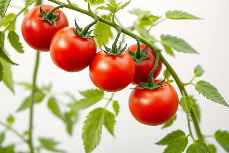 A vibrant tomato plant with ripe red tomatoes growing on it, set against a clean white background, captured with a DSLR camera at f/2.8, ISO 100, 1/200s, from a low angle with a macro lens to highlight the details of the leaves and fruit.