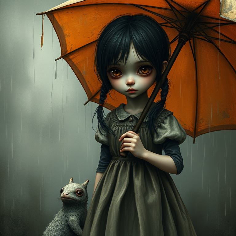 An eerie, weird little girl with dark hair in thin pigtails, wearing a smock dress, standing in the rain, holding a dirty orange umbrella, a small, odd creature beside her. In a surreal style inspired by Nicoletta Ceccoli and Brian Froud. Dark fantasy themes