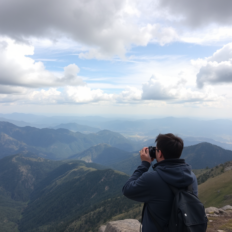 capture a breathtaking panoramic view of a mountainous landscape under a cloudy sky with a person taking a photo, use a DSLR camera with a wide-angle lens, aperture f/11, ISO 100, shutter speed 1/200 sec, shot from a high vantage point with a slightly lower angle for depth and perspective