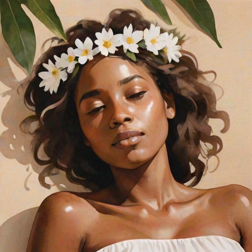 create a watercolor painting of an ethereal portrait of beautiful Garifuna woman with a simple white flower crown on her head. Her hair is long and she is lying on the ground. The sunlight on the trees casts shadows from the leaves on her face and body. The background is a neutral brown color that matches her skin tone. The image is minimalist and solid colors. This style is characterized by soft, delicate brushstrokes and a light, airy, contrasting color palette. High level of detail and play of light