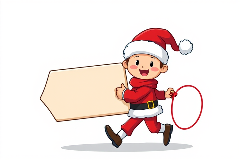 Create an illustration of a cartoon character wearing a Santa hat and red outfit, pulling a large blank tag with strings, in a colorful and festive style, using a digital art technique, at a resolution of 300 DPI, with a focal length of 50mm, and a vibrant color palette.