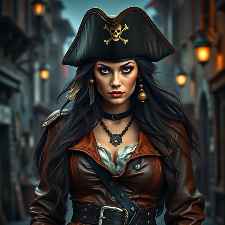 Create a portrait of a fierce female pirate. She wears a leather tricorn hat adorned with a skull and crossbones emblem, and her long, dark hair flows around her face. Her outfit consists of a richly detailed leather jacket, a corset, and multiple layers of belts and accessories, giving her a formidable and stylish appearance. She stands confidently in a dimly lit, historic port town, with a backdrop of weathered buildings and cobblestone streets, capturing the adventurous spirit of a pirate.