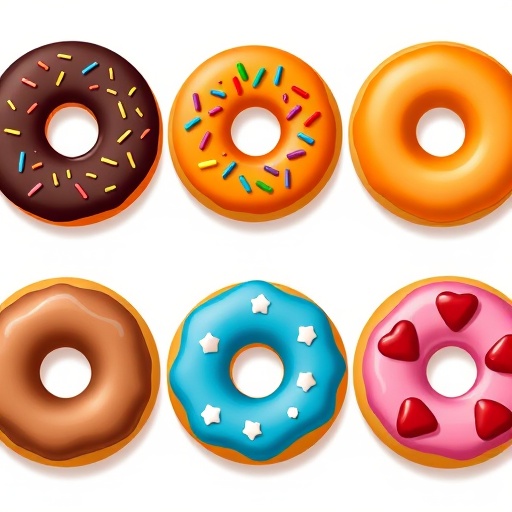 Create a high-resolution illustration of six different donuts arranged in two rows, featuring a chocolate donut with sprinkles, an orange icing donut with colorful sprinkles, a plain donut, a blue icing donut with stars, a glazed donut, and a strawberry icing donut, using a Canon EOS R5, f/4 aperture, ISO 100, and 50mm lens, with a soft light setup to enhance colors and details.