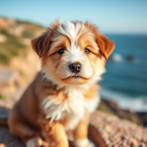 High-quality portrait of a fluffy puppy with a scenic coastal background, natural lighting, ISO 200, f/2.8 aperture, 50mm lens, shot from eye level using a DSLR camera.