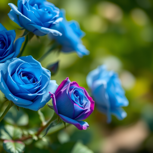 Generate a high-resolution close-up image of blue roses in natural lighting, using a Canon EOS 5D Mark IV with a 50mm f/1.8 lens, aperture set to f/2.8, ISO 100, and a shallow depth of field for a soft background blur.