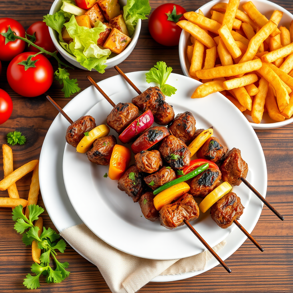 a vibrant food photography of grilled meat skewers with colorful vegetables served on a white plate with a side of golden French fries, fresh lettuce in a bowl and ripe tomatoes in the background, captured with a Canon EOS R5, 50mm lens, f/2.8 aperture, ISO 200, soft natural lighting for a warm feel, shot from a top-down angle to emphasize the dish's details