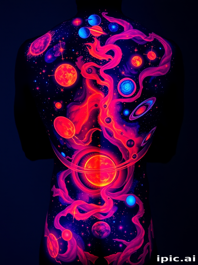 Mesmerizing UV blacklight tattoo covering the entire back, revealing a cosmic scene with glowing celestial bodies and swirling nebulae, visible only under ultraviolet light for a captivating secret effect