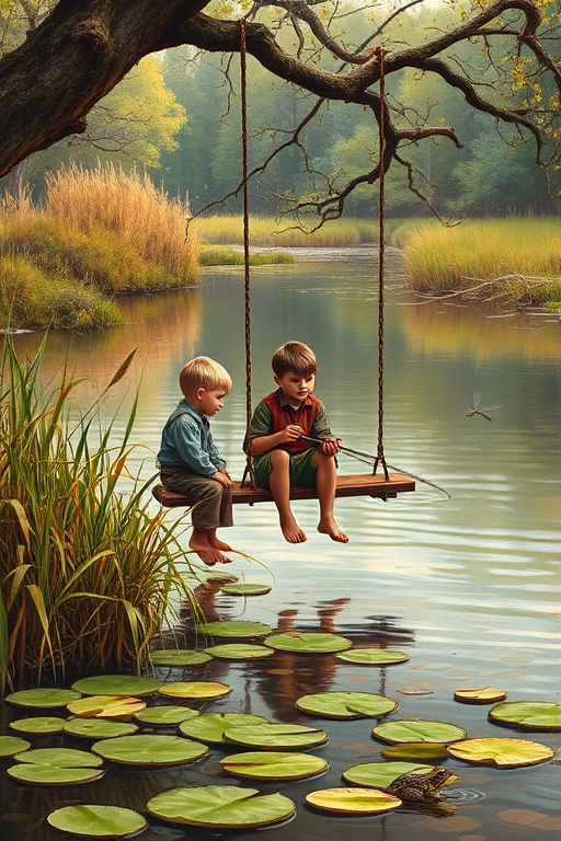Imagine a small group of old fashioned young boys out fishing by the creek, a swing hanging from a tree branch, reeds and grasses by the water's edge, a frog sitting on a lily pad, dragonflies hovering over som water plans, a very iconic old fashioned scene reminiscent of a Norman Rockwell painting style