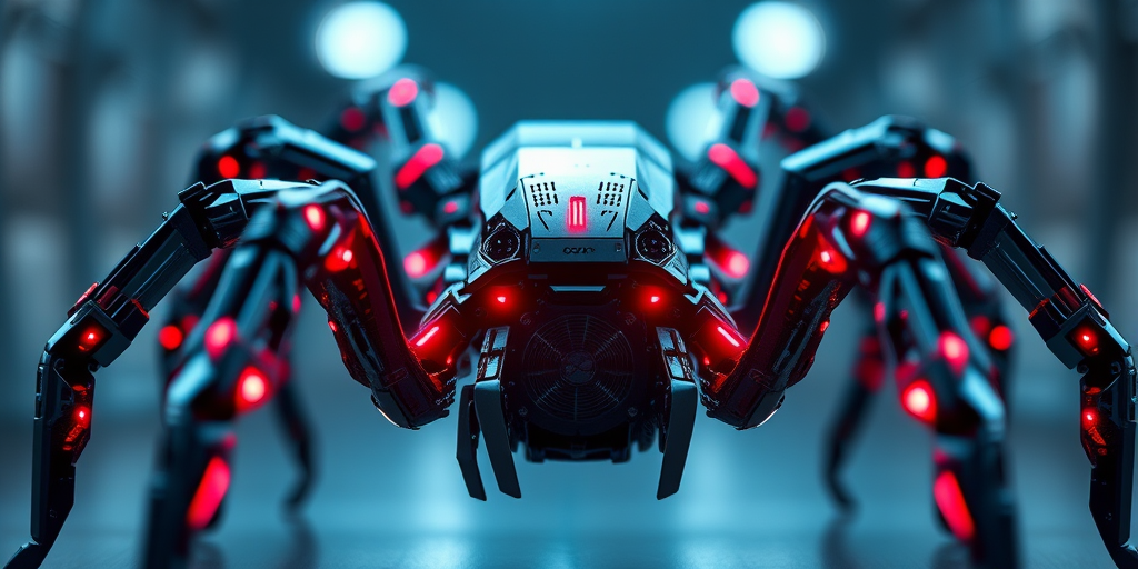 Create a high-resolution 3D render of a robotic spider with intricate mechanical details and glowing red highlights, using a DSLR camera with a 50mm lens, aperture set to f/2.8, ISO 100, focused at an angle of 45 degrees, and a shallow depth of field to emphasize the subject against a blurred background.