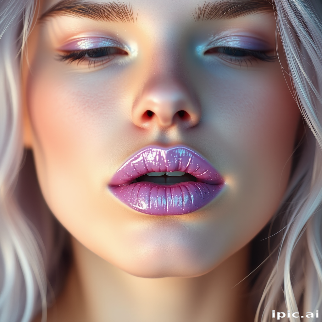 Ethereal woman lips enhanced with pearlescent lavender gloss, full face capture evoking mystical aura and otherworldly beauty