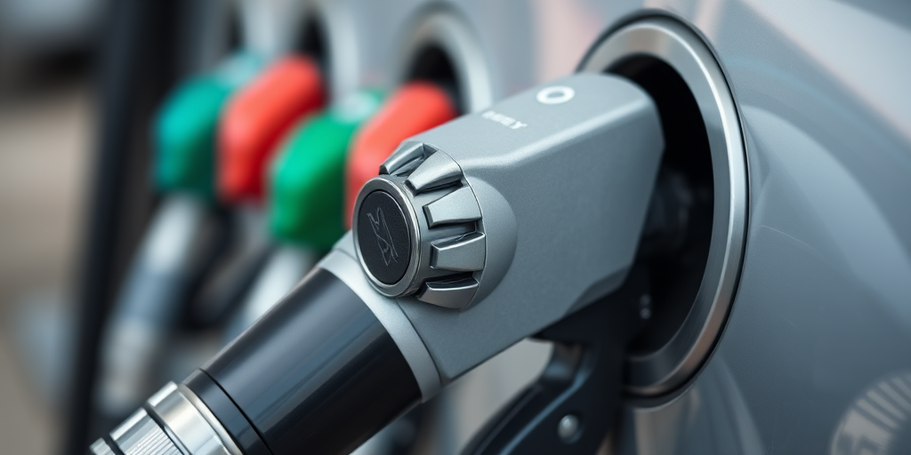 create a high-resolution image of a fuel pump nozzle, use a shallow depth of field to blur the background, configured with a DSLR camera at f/2.8, ISO 100, and a focal length of 50mm, capture from a slightly elevated angle to emphasize the nozzle design
