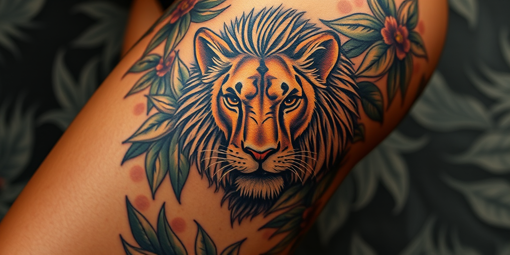 Powerful body tattoo portraying a fierce lioness emerging from lush foliage on the thigh, executed in hyper-realistic style with intricate details and rich earth tones