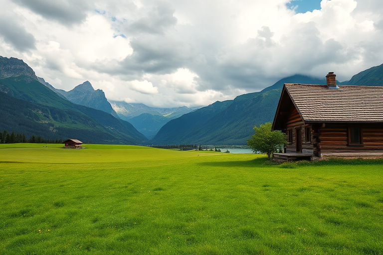 Landscape of a lush green meadow with a wooden cabin on the right and majestic mountains in the background under a cloudy sky, shot with a Canon EOS 5D Mark IV, ISO 100, f/8, 1/200s, wide-angle lens, natural lighting from the left, in landscape orientation.