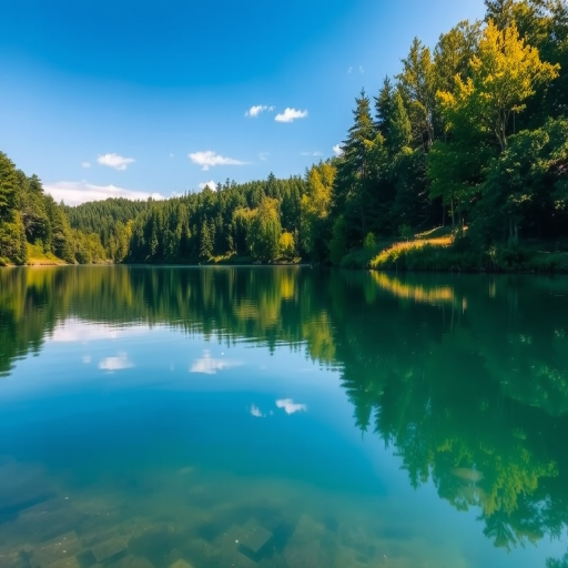 Generate an image of a serene landscape featuring a calm lake reflecting a clear blue sky and surrounded by lush green trees, shot with a Canon EOS 5D Mark IV at f/8, 1/125s, ISO 100, in a wide-angle view for depth and clarity.