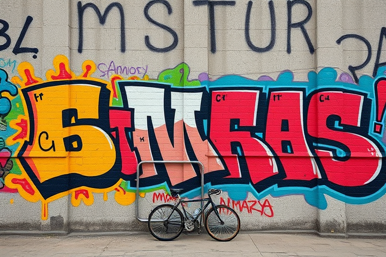Capture a vibrant urban mural featuring graffiti art, using a Canon EOS R5 camera with a 24-70mm f/2.8 lens, aperture set to f/8, ISO 100, and shutter speed of 1/250 seconds, taken from a wide-angle view to showcase the details and colors against a textured wall backdrop.