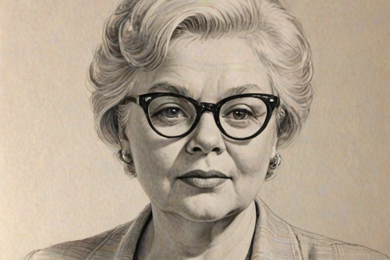 Fascinating June Squibb, pencil sketch, portrait of Magnificent woman 1954s in glasses, hair style beatnik, outline, clear lines, fine lines, 8k