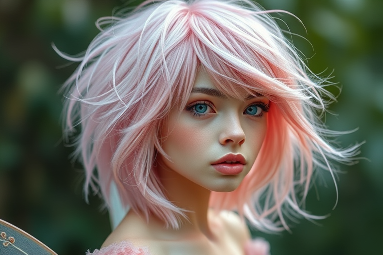 Ethereal pastel pink-haired fairy with a whimsical, layered shag cut, featuring wispy bangs and soft, face-framing tendrils