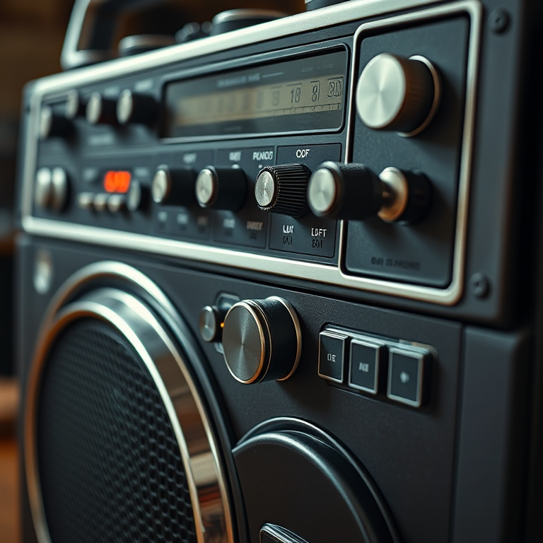 Regenerate an intricately detailed image of a vintage boombox, focus on intricate knobs and buttons, captured with a Canon EOS R5, aperture f/4.0, ISO 100, 50mm lens, shot in high dynamic range with a studio lighting setup to enhance texture and depth.